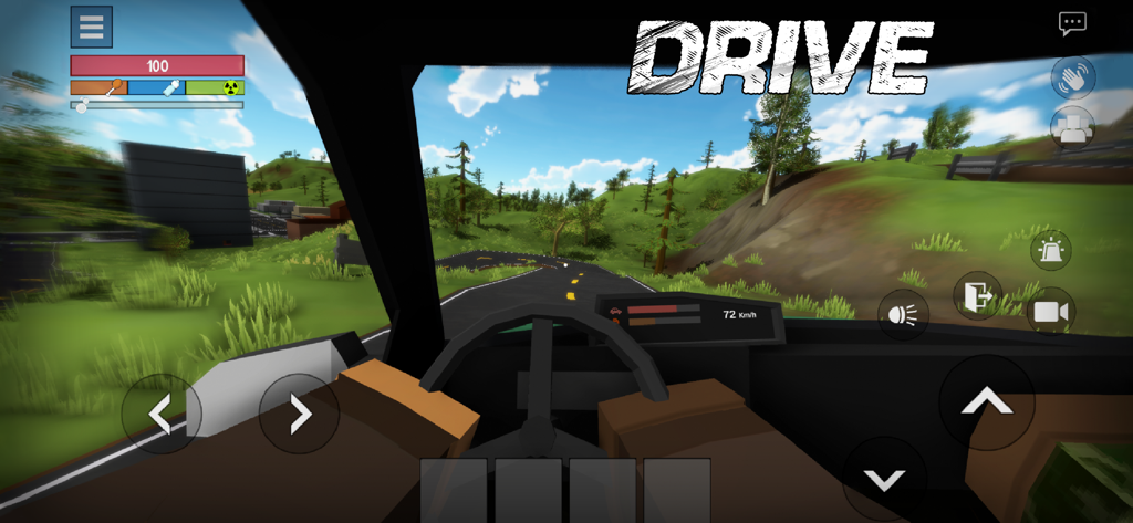 The Outlands 2 Zombie Survival - Vista en primera persona de la conducción de un vehículo en The Outlands 2 Zombie Survival con gráficos low-poly.