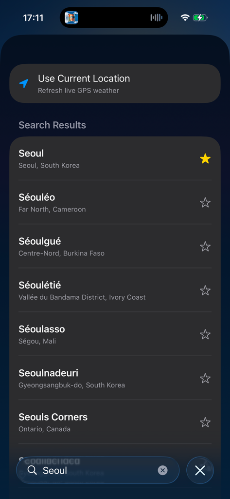 MyWeather One - Una interfaz minimalista de búsqueda de ubicación en la aplicación MyWeather One que muestra resultados meteorológicos para Seúl