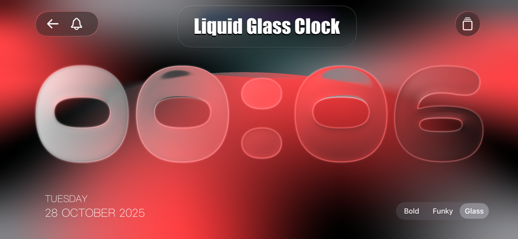 Big Clock - Pro Time Widgets - Um relógio digital em tela cheia com efeito de vidro líquido em um fundo de gradiente vermelho e preto mostrando hora e data.