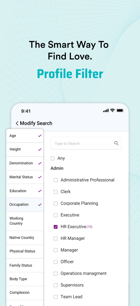 Chavara Christian Matrimony - Chavara Christian Matrimonyアプリのプロフィールフィルター画面に、職業と宗派の検索オプションが表示される