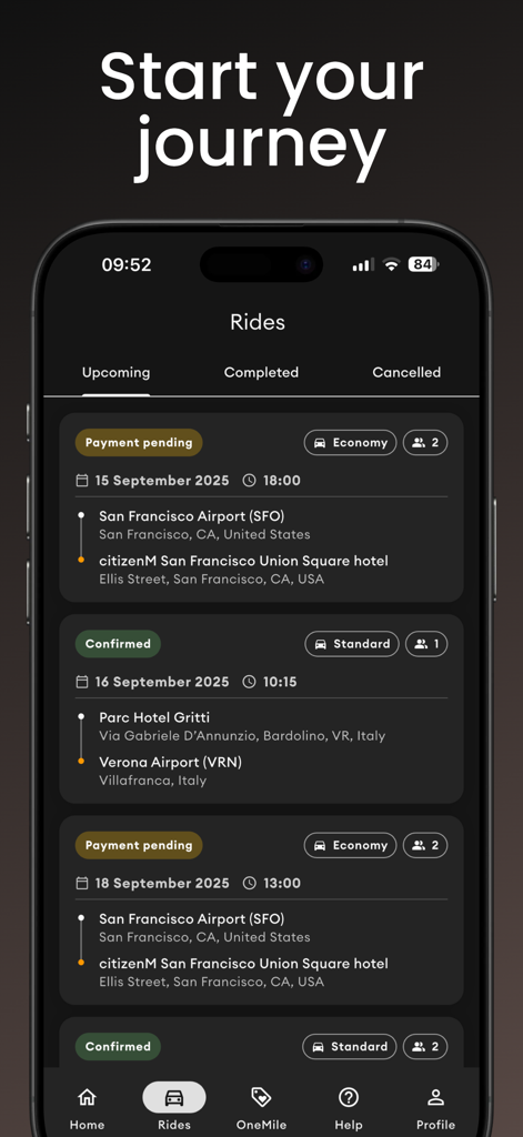 Transfeero mobile app interface showing a list of upcoming professional chauffeur ride bookings and airport transfers.