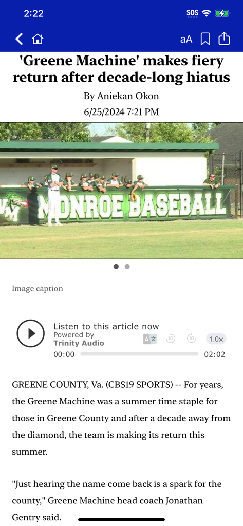 A local sports article about the Greene Machine baseball team return on the CBS19 News Now app.