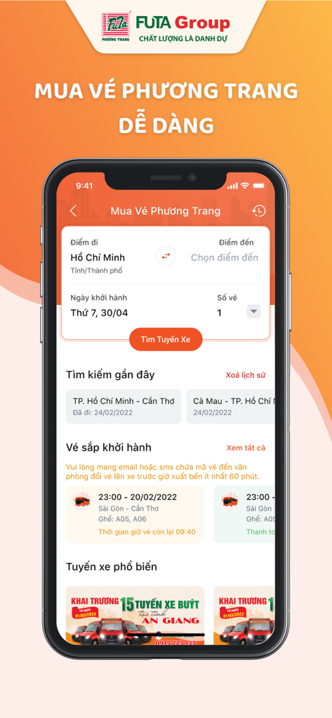 FUTA app screen for booking Phuong Trang bus tickets in Vietnam