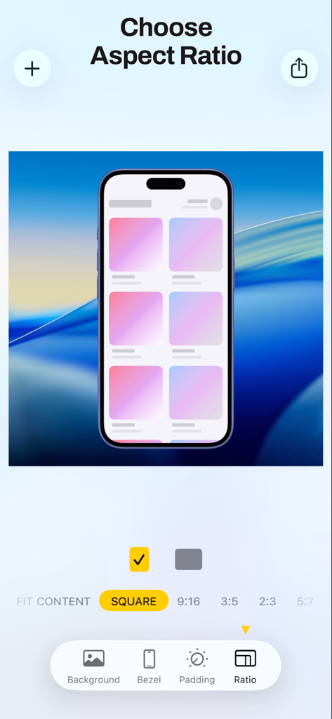 User interface of the Bezel app showing options to choose a square aspect ratio for a framed smartphone screenshot.