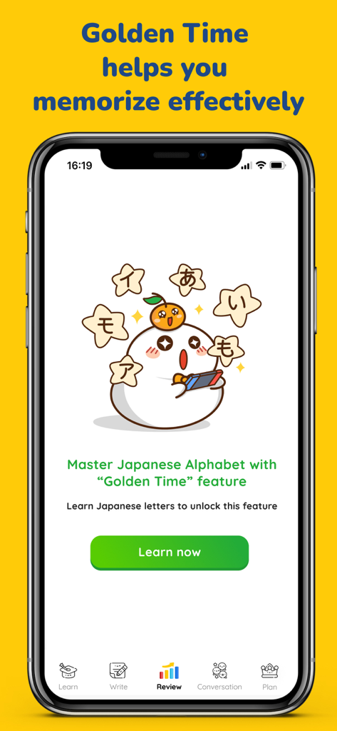 MochiKana app screenshot showing the Golden Time feature for learning Japanese characters