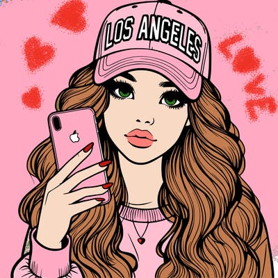 realistic beautiful girl wearing los ángeles cap holding an iphone