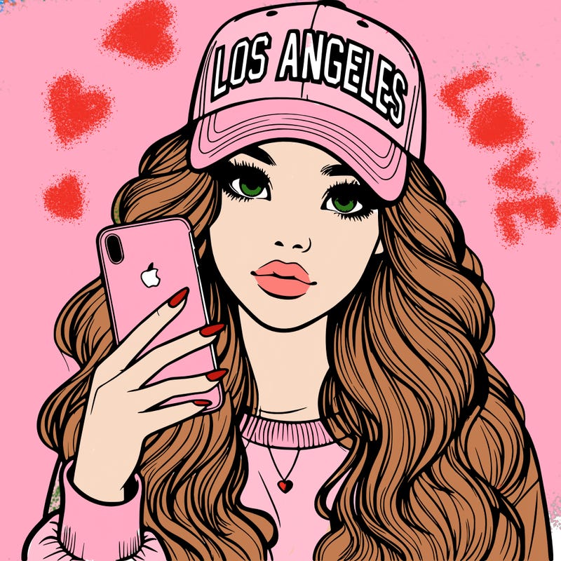 realistic beautiful girl wearing los ángeles cap holding an iphone