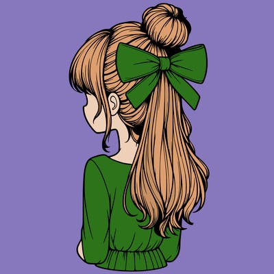 realistic girl  with hip length hair a bun and a big bow on the back of head