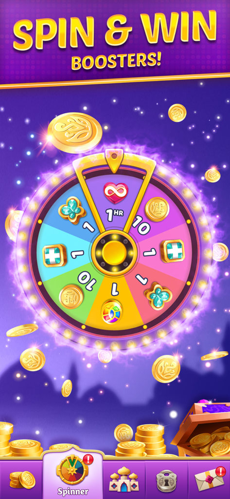 A magical prize wheel feature in Genies and Gems to win boosters and gold coins