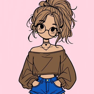 girl with a messy ponytail glasses a baggy crop top and jean shorts