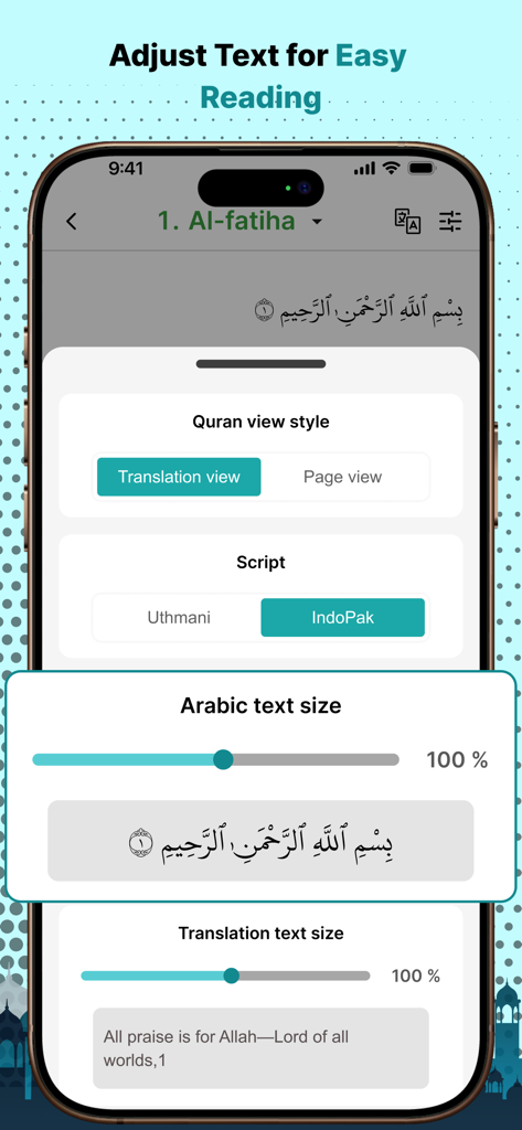 Quran-al-Hikma : Ramadan 2026 - Settings screen to adjust Arabic text size script style and translation view for easy reading