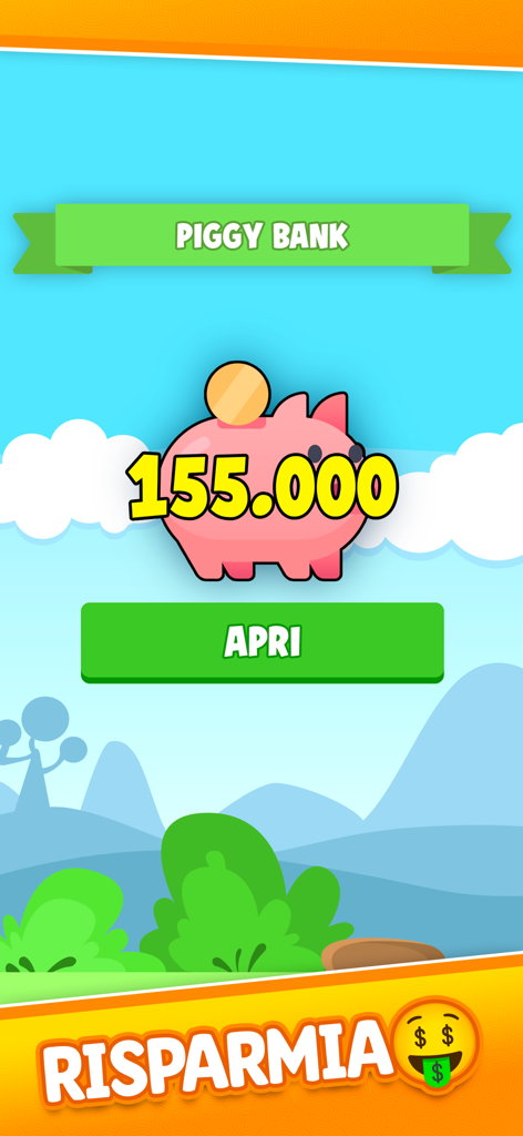 Rubamazzo Più - Card Games - In-game piggy bank screen in Rubamazzo Piu showing accumulated coins and a savings button.