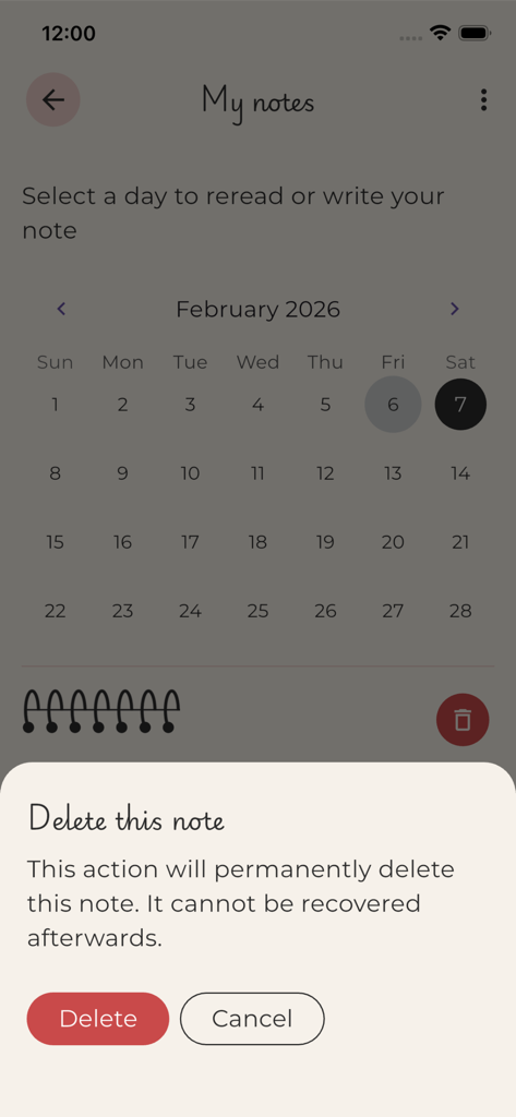 Um diálogo de confirmação de exclusão de nota exibido sobre uma interface de calendário no aplicativo Ami Note