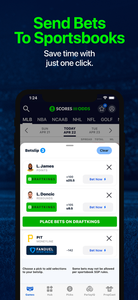 Mobile app screen showing a sports betting betslip with options to send bets to DraftKings and FanDuel.