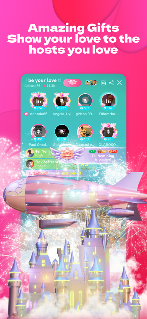 Boomlive app interface showing animated virtual gifts like a pink blimp and a castle during a live audio stream