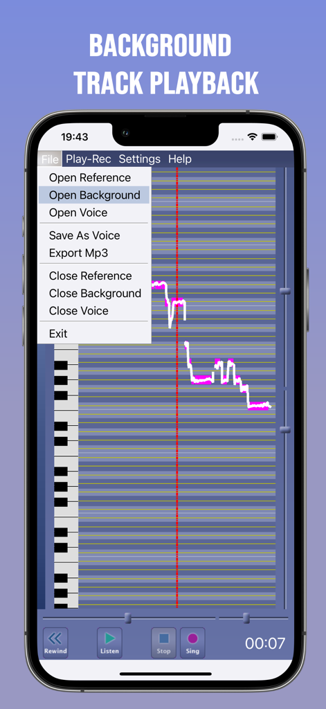 Singing Tutor - Interfaz de la aplicación Tutor de Canto que muestra el menú de archivos y las funciones de reproducción de pistas de fondo.