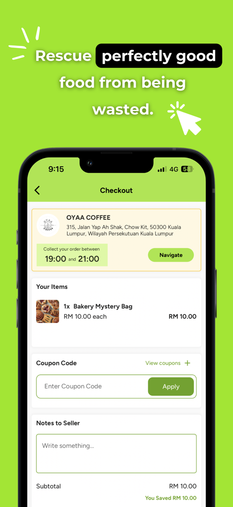 The checkout screen of the ReMeal app featuring a bakery mystery bag from Oyaa Coffee