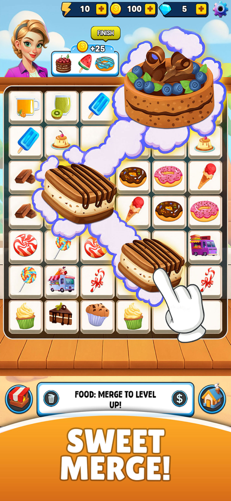 Mix and Merge Journey - Gameplay of Mix and Merge Journey showing food items being combined on a grid
