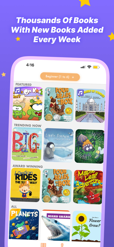 MagicBlox: Reading Books - MagicBlox app screen displaying a library of children's books with categories like Featured and Award Winning