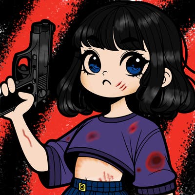 girl holding gun with crop top but looks innocent