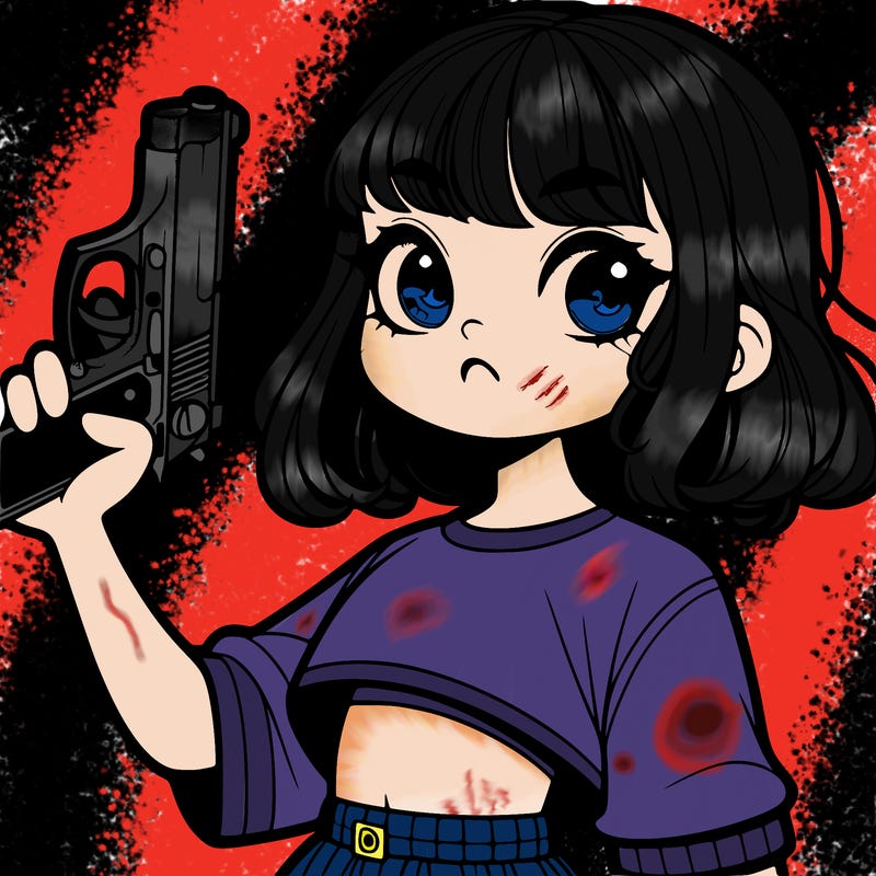 girl holding gun with crop top but looks innocent