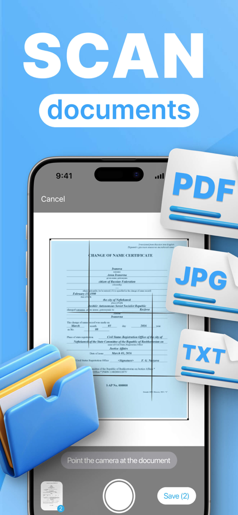 Smartphone-App-Bildschirm, der ein gescanntes Dokument mit Optionen für PDF-, JPG- und TXT-Dateiformate anzeigt