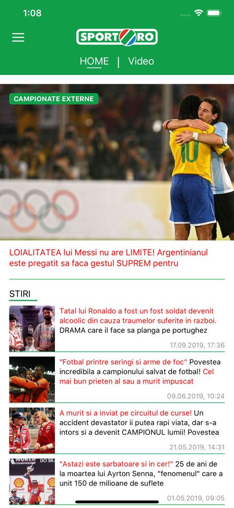 sport.ro - The home screen of the sport.ro mobile app displaying sports news articles and soccer headlines in Romanian.
