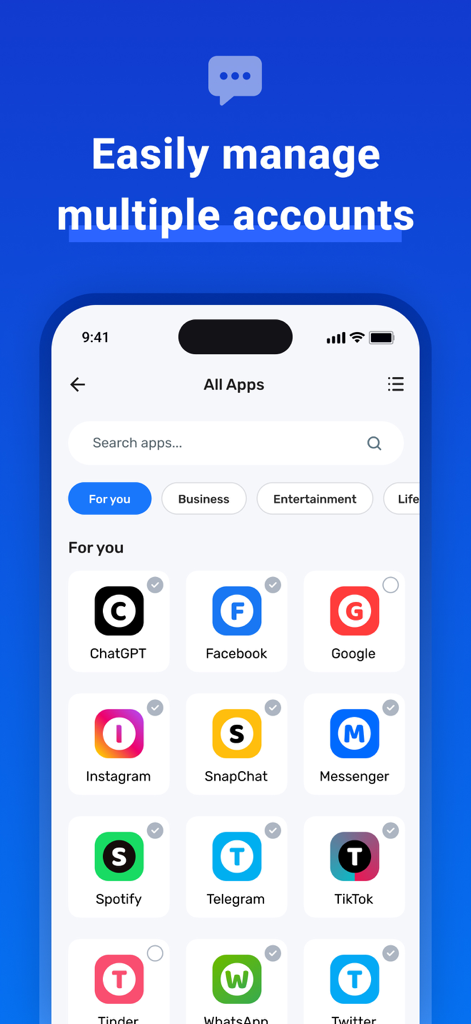 Mobile interface showing a dashboard for managing multiple social media accounts like WhatsApp Instagram and Snapchat