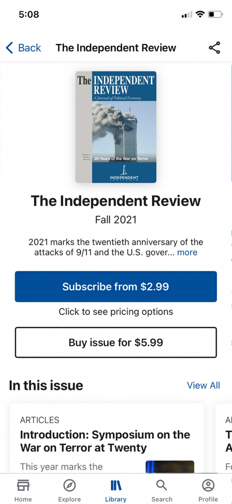 Screenshot of The Independent Review journal app showing the Fall 2021 issue about the War on Terror with subscription and purchase options