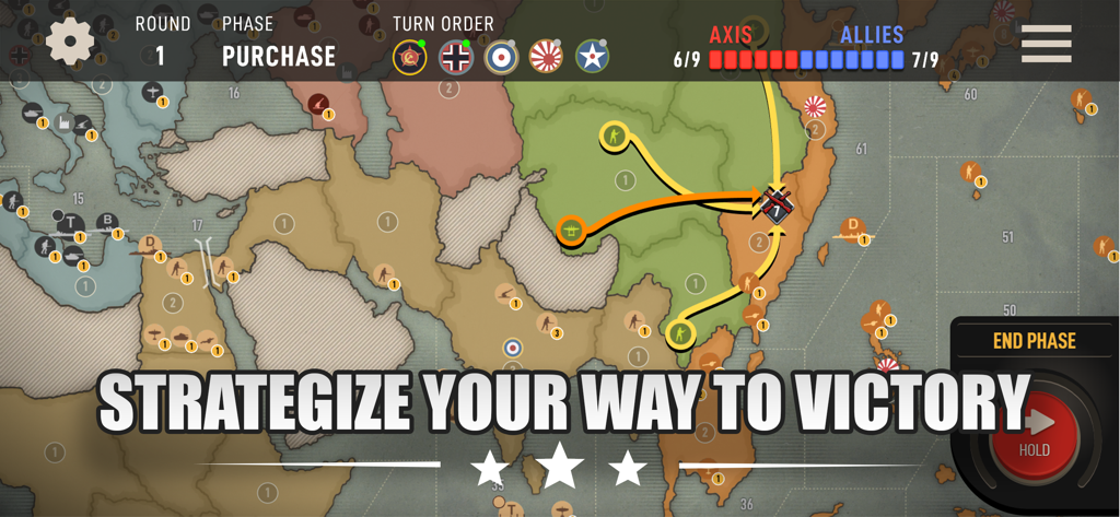 Mapa de juego estratégico en Axis and Allies 1942 Online que muestra el movimiento de tropas a través de Asia con el texto 'Estrategiza tu camino hacia la victoria'