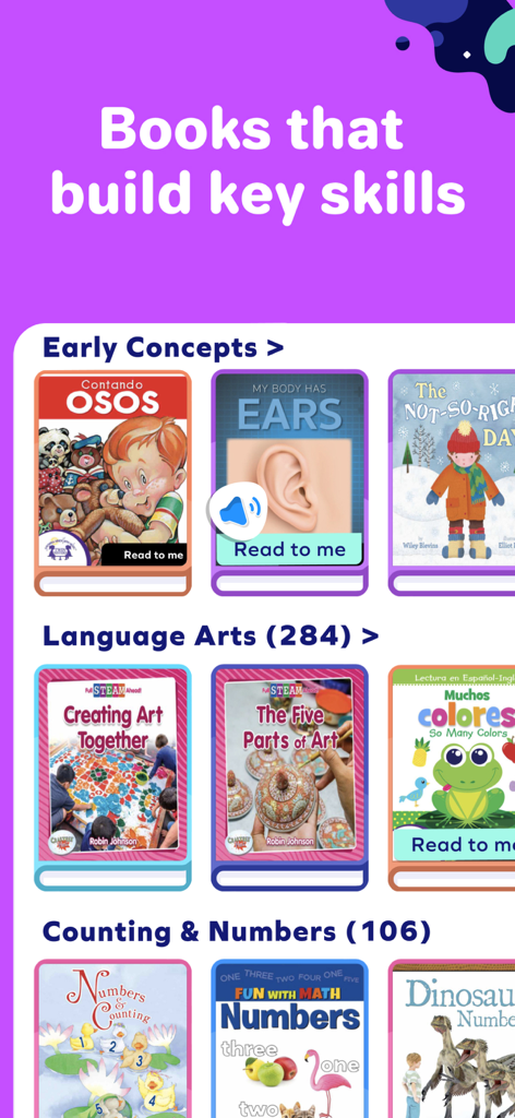 Splash Books: Kids Reading App - Splash Books app interface showing educational book categories like Early Concepts and Language Arts with read-to-me features.