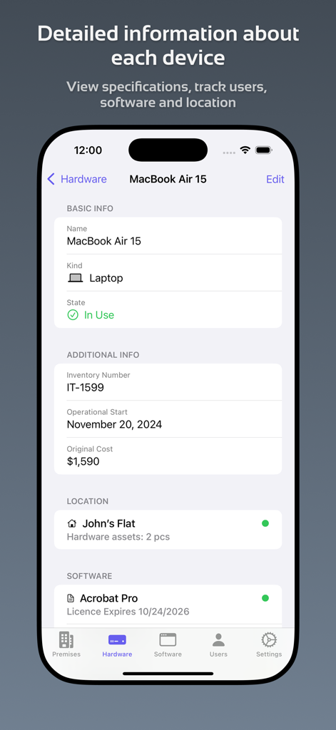 Detailed view of a MacBook Air asset record in the IT Asset Tracker app showing hardware specs, location, and software information.