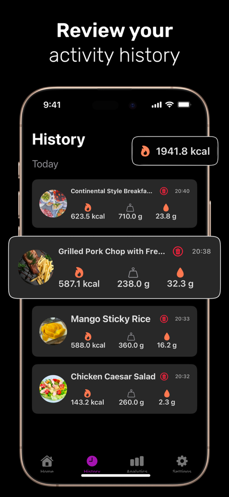 Nutri Snap: AI Calorie Counter - La pantalla del historial de actividad de Nutri Snap que muestra una lista de comidas registradas con datos de calorías y nutrientes