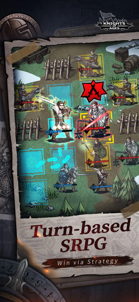 Knights of Ages - Tactical turn-based battle gameplay in Knights of Ages showing characters on a grid map with health bars and attack indicators