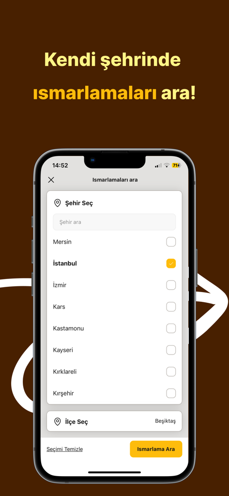 Ismarlıyo mobile app screen showing city selection to find local student treats