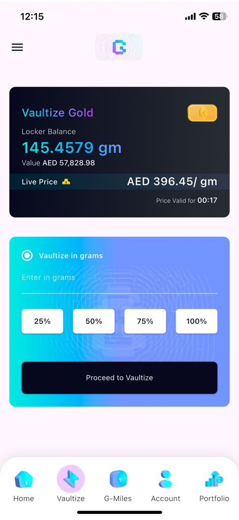 Pantalla de la aplicación My Gold Wallet que muestra el saldo de oro digital y las opciones de bóveda