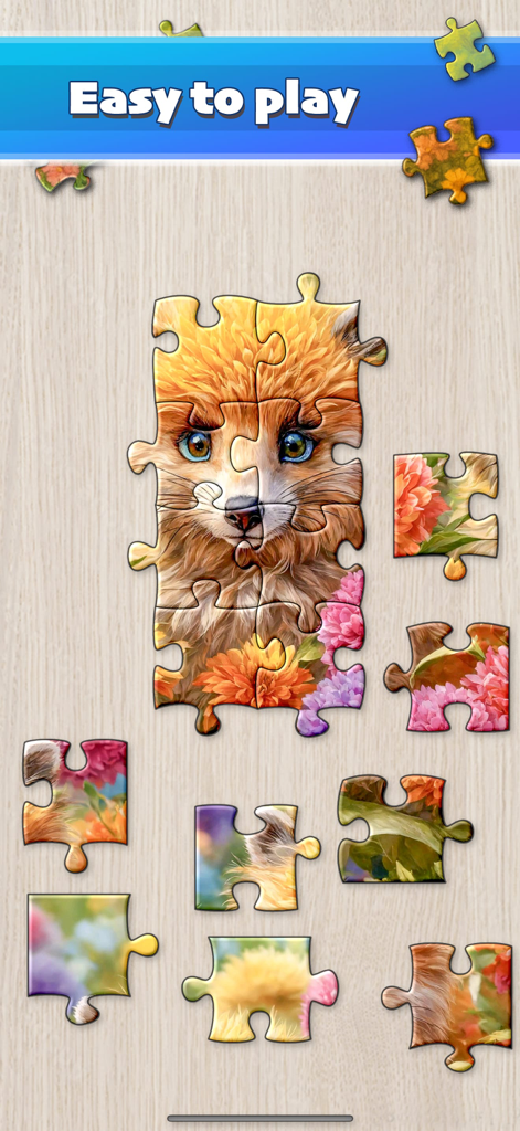 Interfaz del Juego de Rompecabezas mostrando un rompecabezas de un zorro lindo parcialmente completado con un subtítulo que dice fácil de jugar.