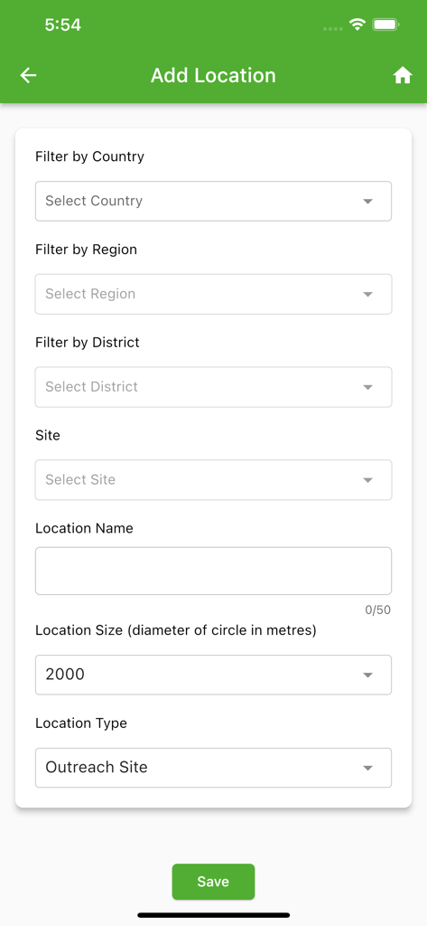 Freestyle II - Freestyle II App-Bildschirm mit einem Formular zum Hinzufügen eines neuen Standorts mit Filtern für Land, Region und Standort