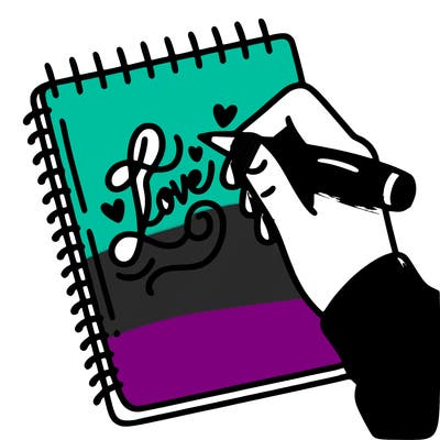a hand writing “love” in calligraphy on a notebook