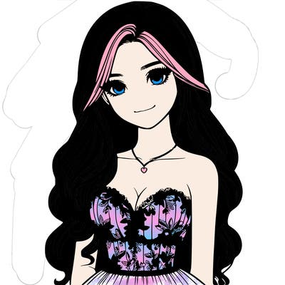 realistic girl with long hair and pretty prom dress