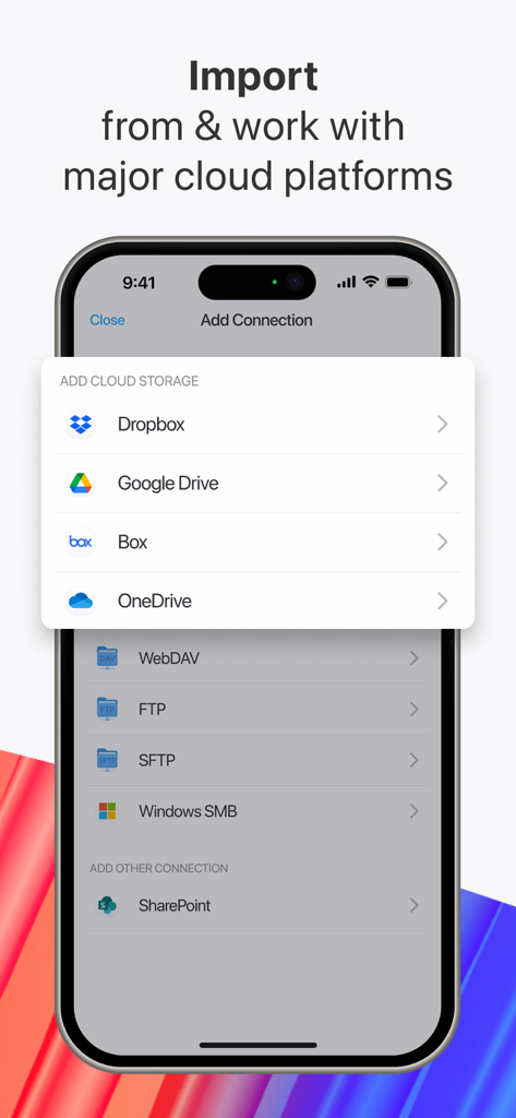 PDF Expert Mobile App-Oberfläche zum Verbinden mit Cloud-Speicherplattformen wie Dropbox und Google Drive
