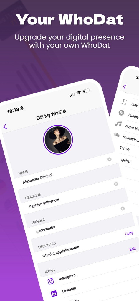 A screenshot of the WhoDat app's profile editor showing fields for name, headline, handle, and social media links for a fashion influencer.