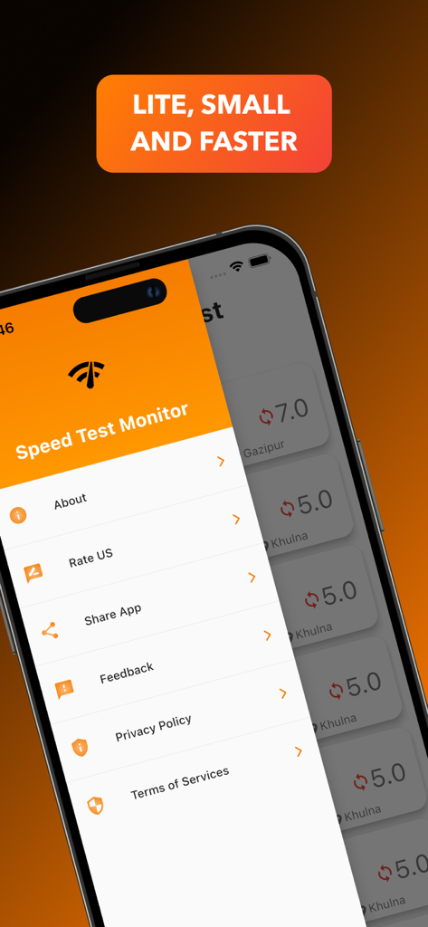 Fast Internet Speed Test Now - Screenshot of the Speed Test Monitor menu within the Fast Internet Speed Test Now app showing options like About, Rate US, and Privacy Policy.