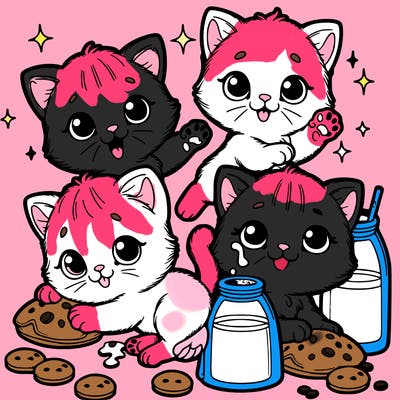 kittens with milk and cookies and playing