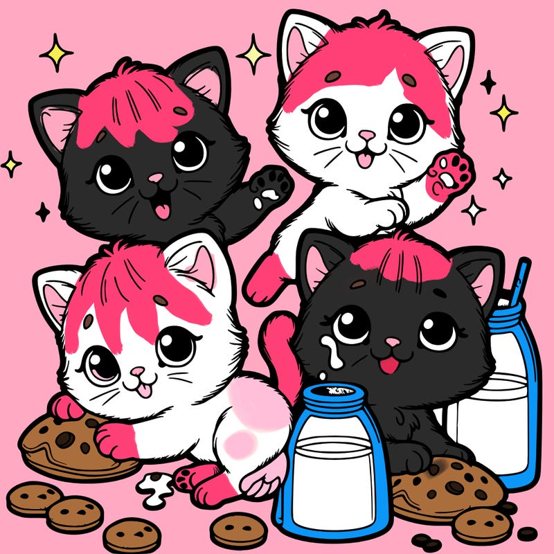 kittens with milk and cookies and playing