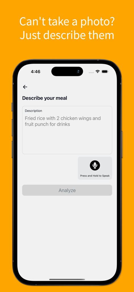 Tied app screen showing meal logging through text description or voice input with an analyze button