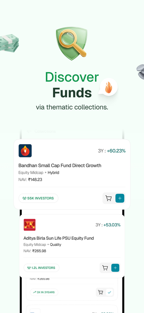 FundsIndia app interface showing thematic mutual fund collections and investment options.