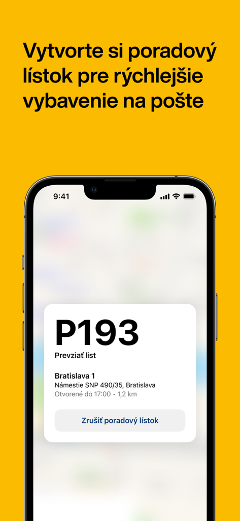 Slovenská pošta app screen showing a digital queue ticket P193 for a post office in Bratislava