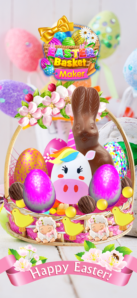 Easter Basket Maker Decorate - A colorful decorated Easter basket featuring a chocolate bunny unicorn egg and glittery decorations