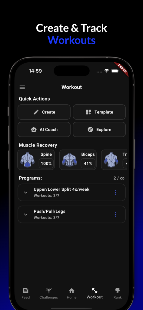 Panel de la aplicación Gym Rank que muestra programas de entrenamiento y el estado de recuperación muscular.